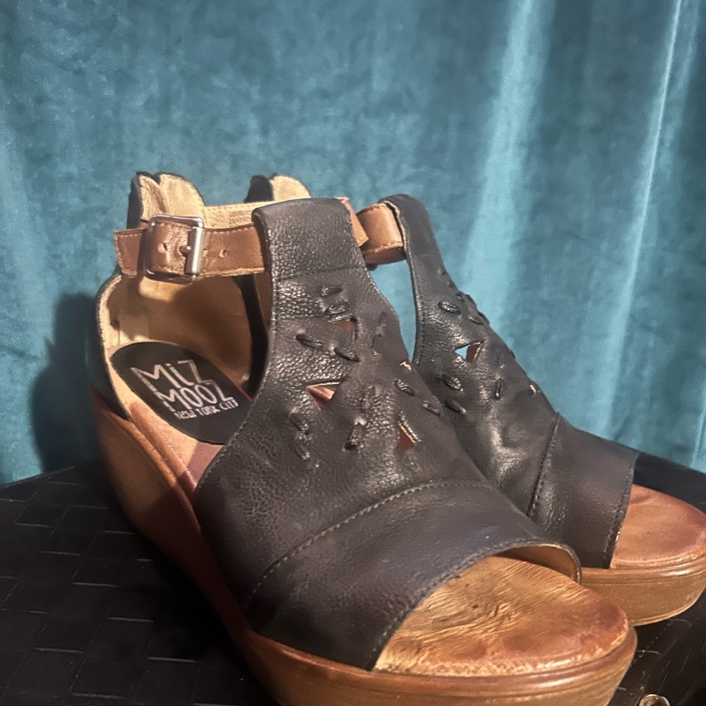 Miz Mooz Black and Brown Wedge Sandals